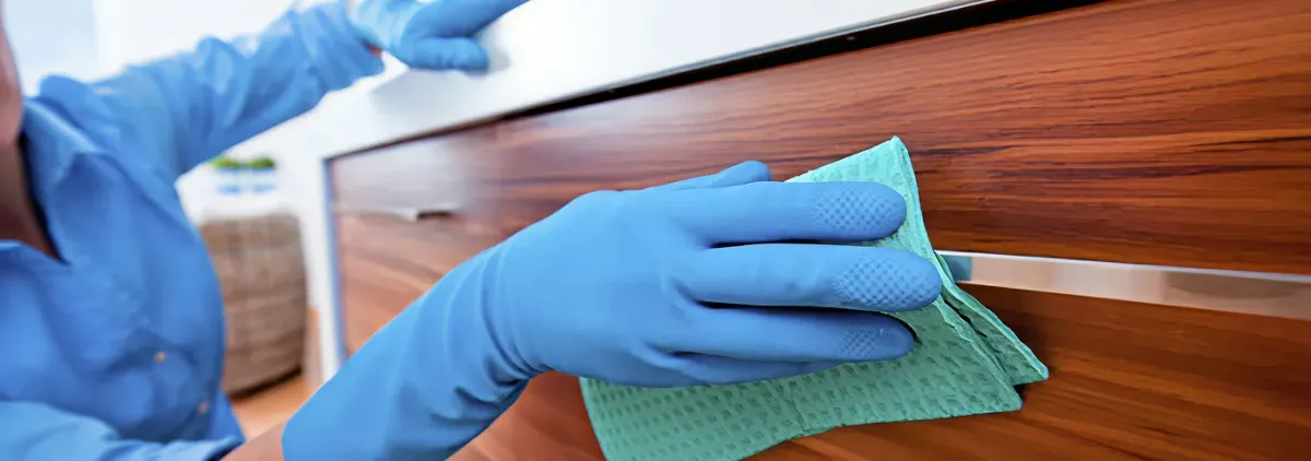 Cleaner wearing blue gloves wiping a wooden cabinet drawer with a microfiber cloth for dust and grime removal, Evansville, IN.